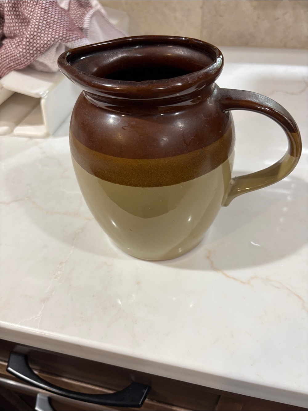 Vintage Brown and Olive Stoneware Pitcher 6" H